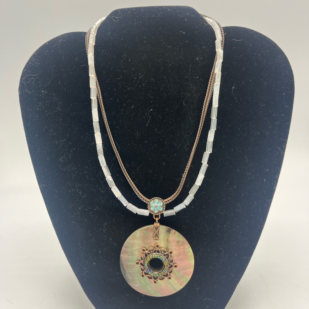 Avon Shell, Cylinder Bead Antique Copper Medallion Necklace